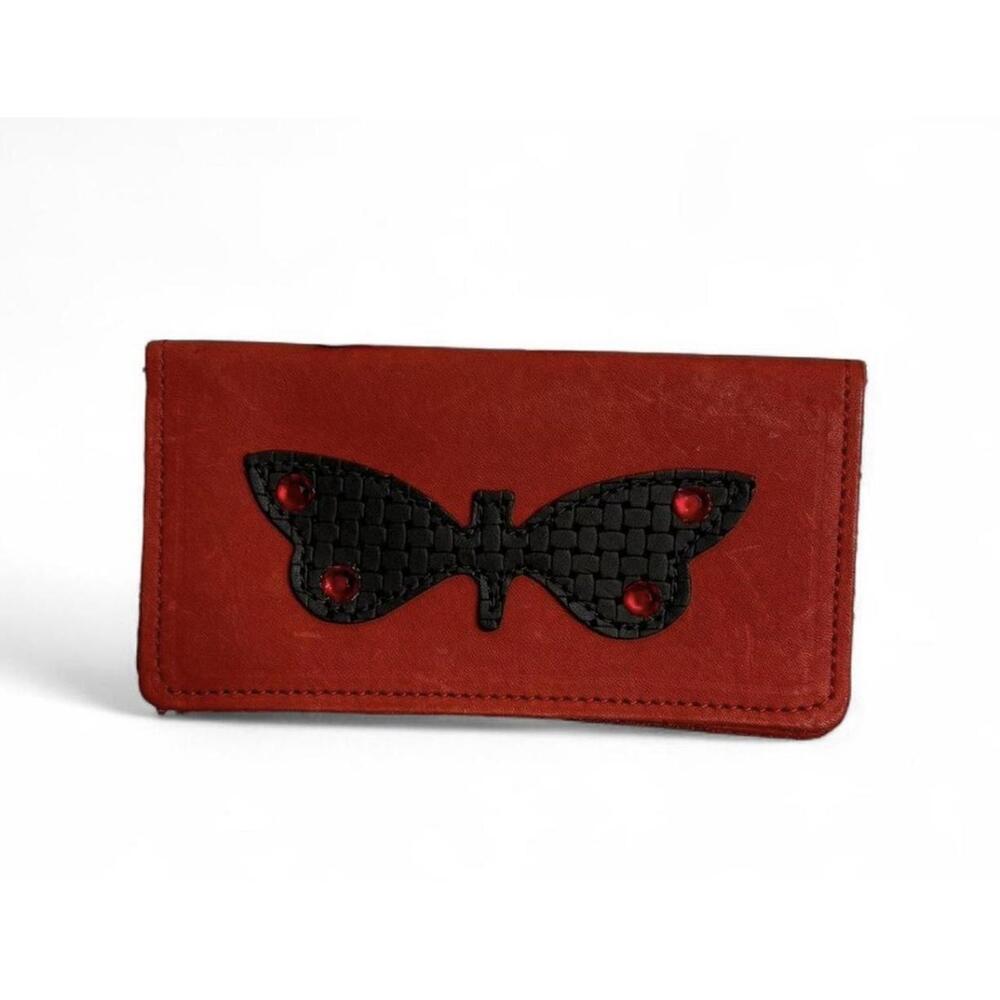 Red & Black Butterfly Card Holder Womens Faux Leather Velvet Interior